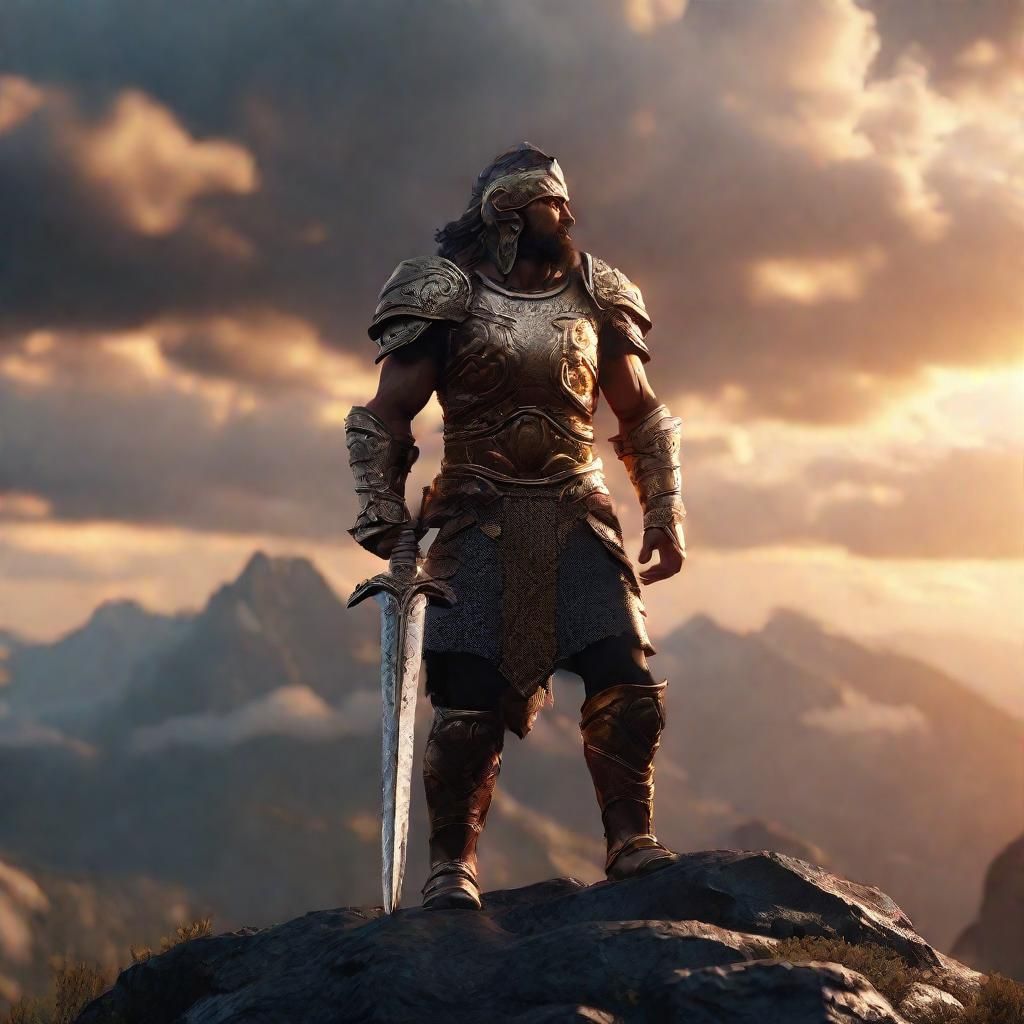 Victorious Warrior on Peak in 3D Game Style