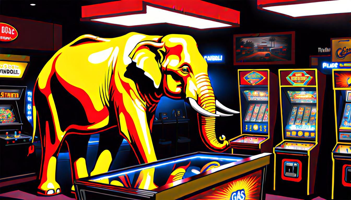 Yellow Elephant Plays Pinball at Gas Station