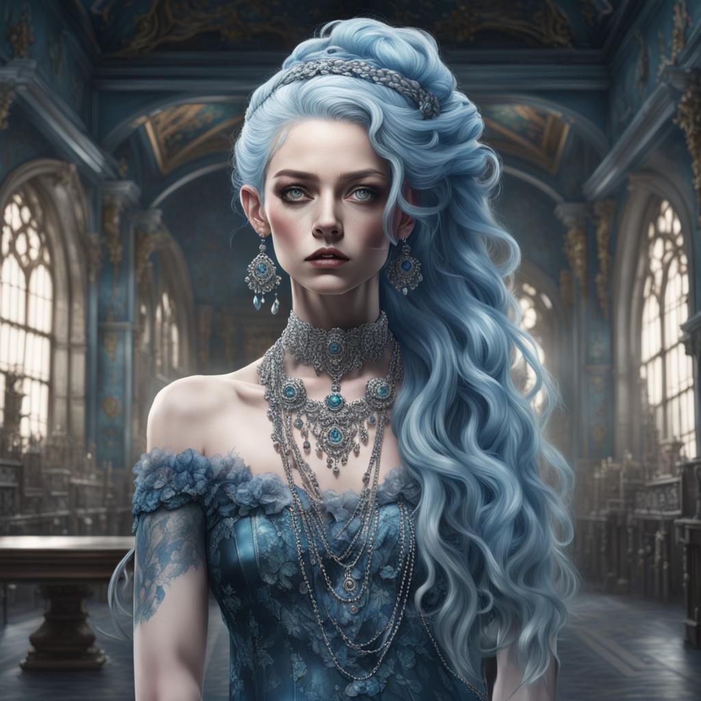 Gothic Woman with Blue Hair in Hyperrealistic Style