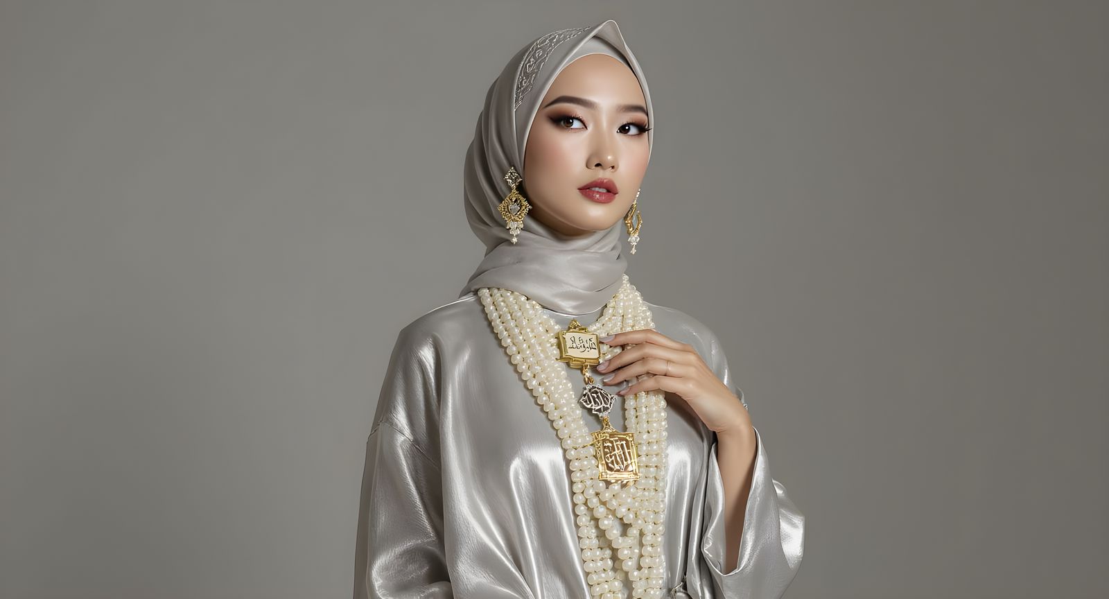 Elegant Hijabi Woman in Silver Jumpsuit with Pearl Body Chai...