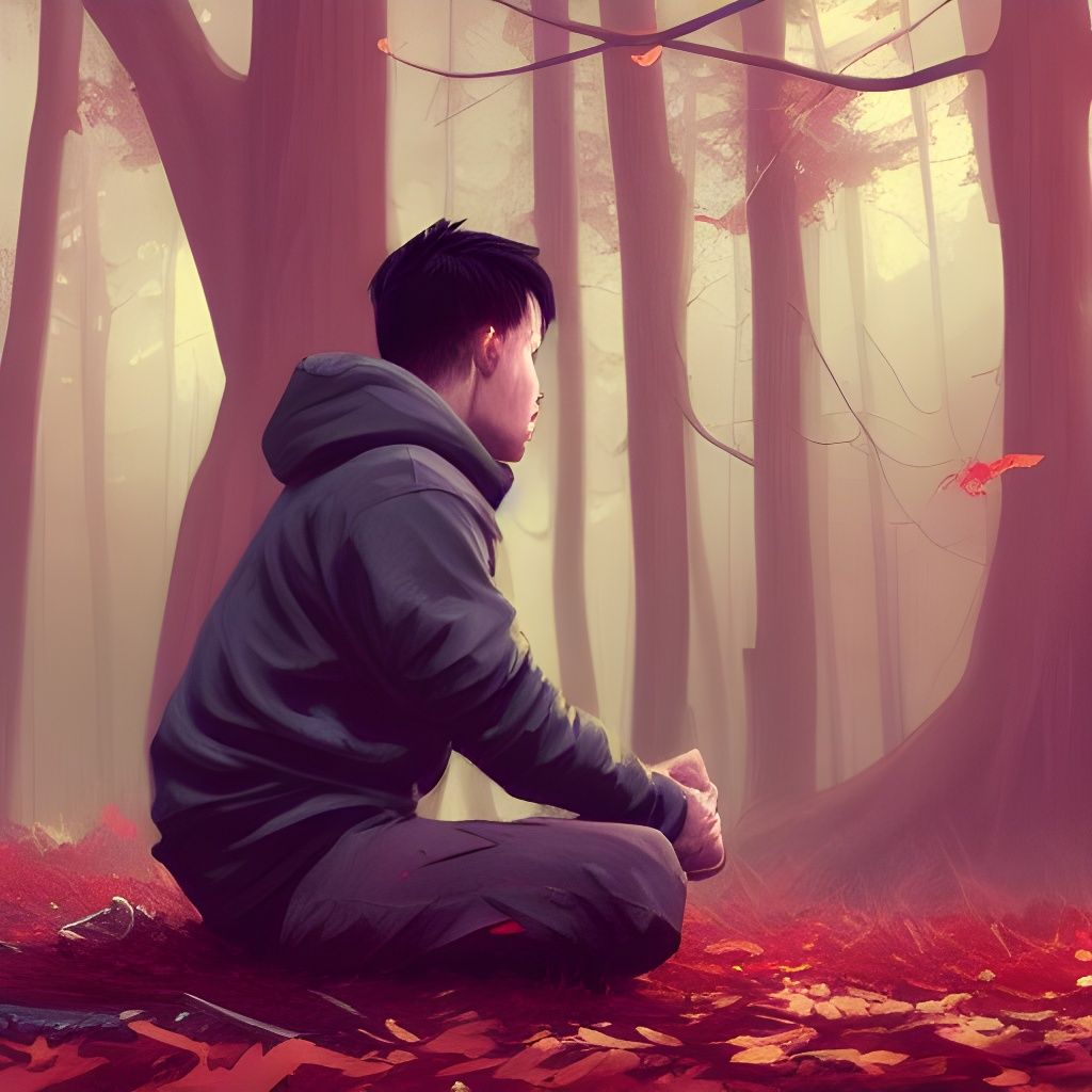 Meditating Boy in Post-Apocalyptic Autumn Landscape