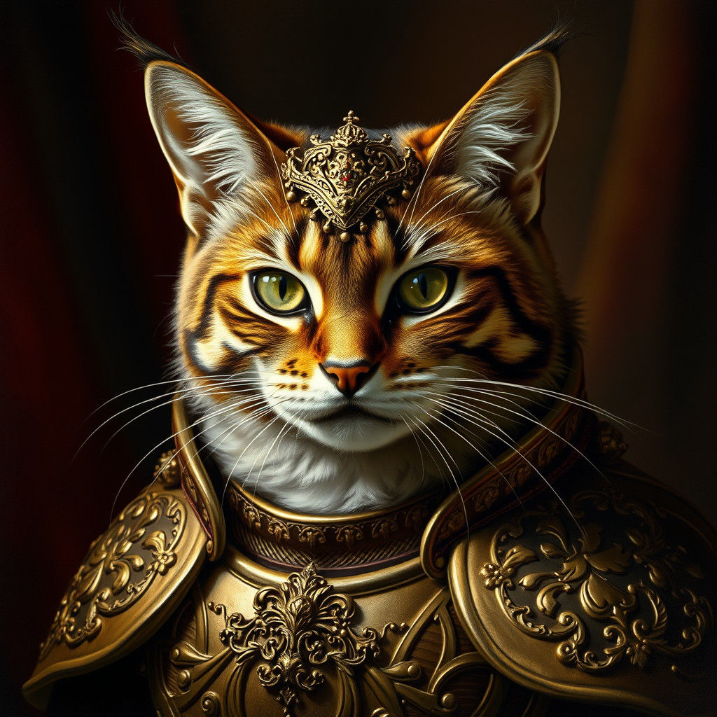 Majestic Armored Cat in Rembrandt and Vrubel Style