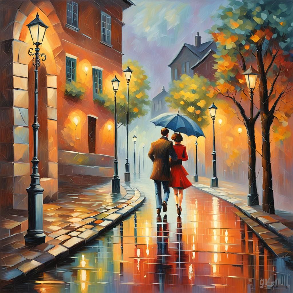 Romantic Couple Stroll in Impressionist Oil Painting