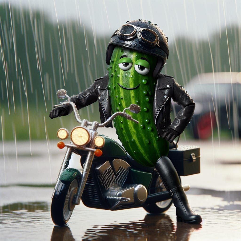 Flirtatious Cucumber in Leather on Motorcycle During Rain