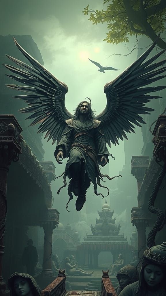 The Forsaken Angel Amidst Ruined Temples**