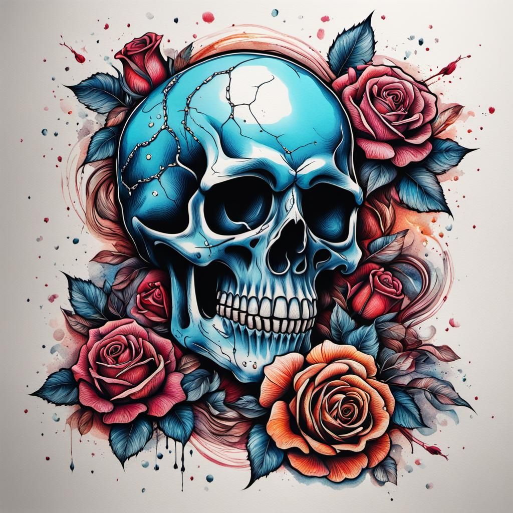 Colorful Skull Tattoo Design with Roses