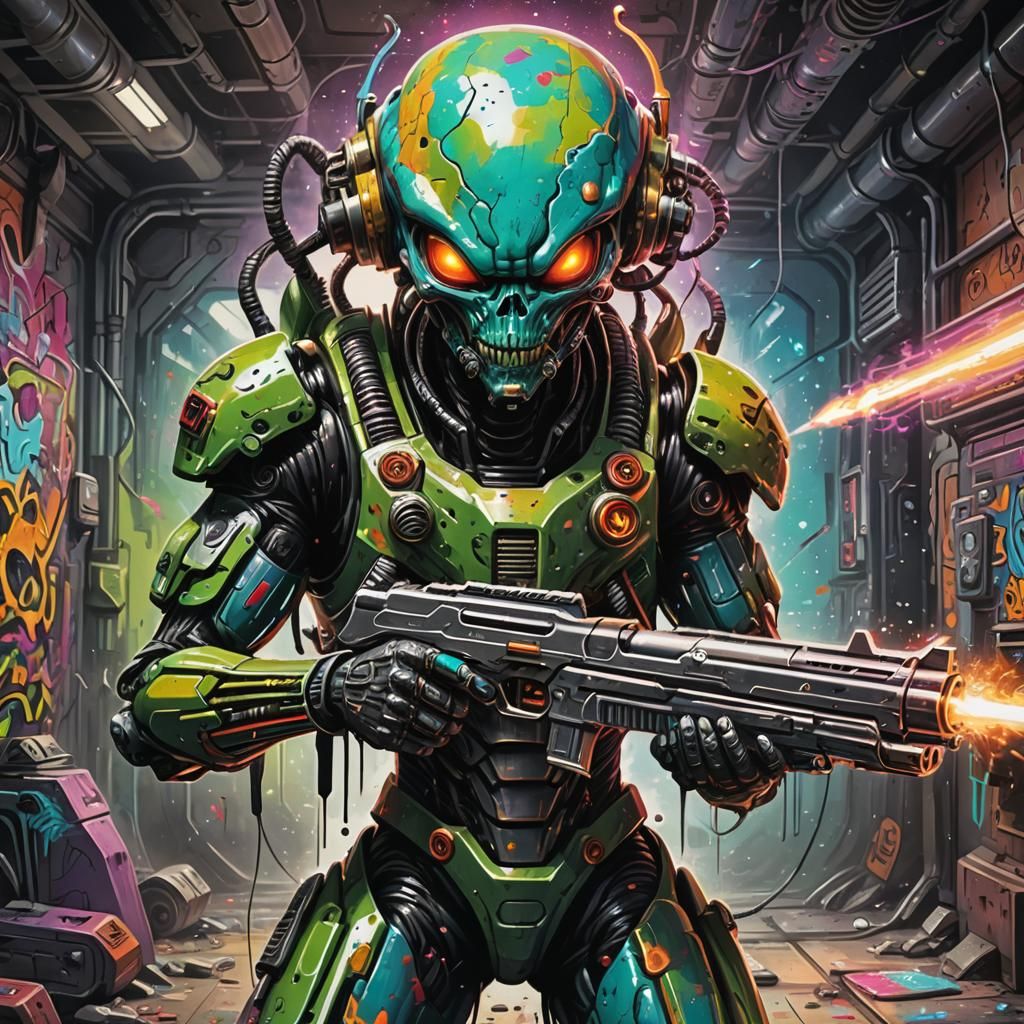 Menacing Alien Cyborg in Space Saloon Graffiti