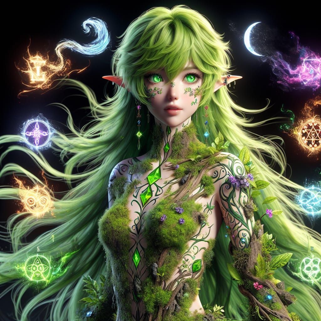 Anime Elemental Druid with Magical Tattoos