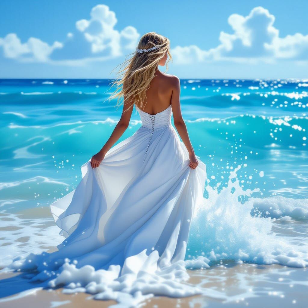 Blond Bride Wades into Ocean in Whimsical Style