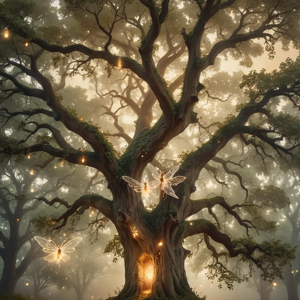 Fairy Ghost and Oak Tree in Whimsical Style