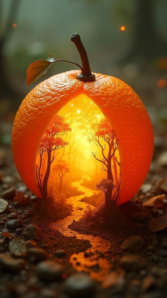 Enchanted Landscape Inside a Glowing Orange Fruit