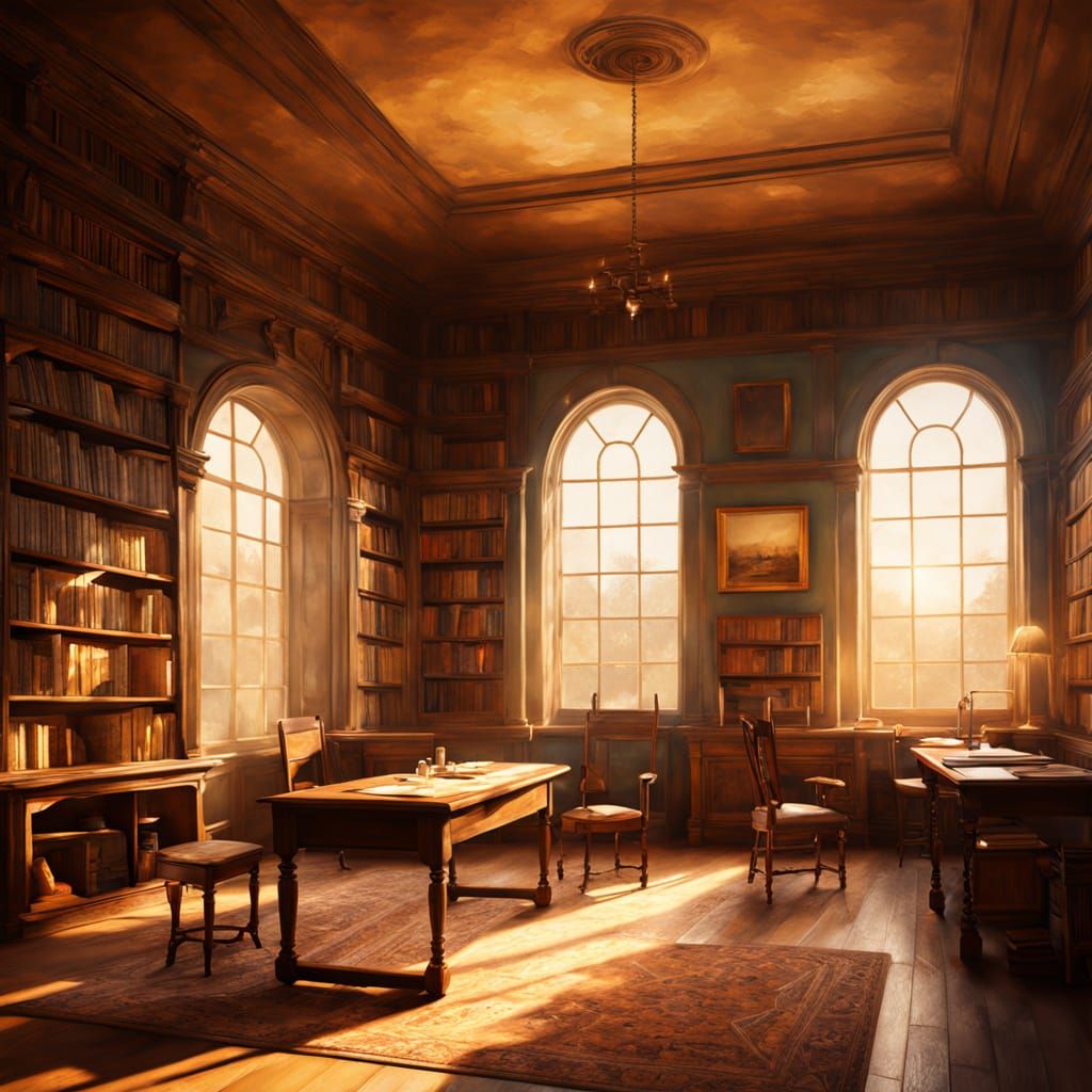 Cozy Library in Warm, Honey-Colored Light