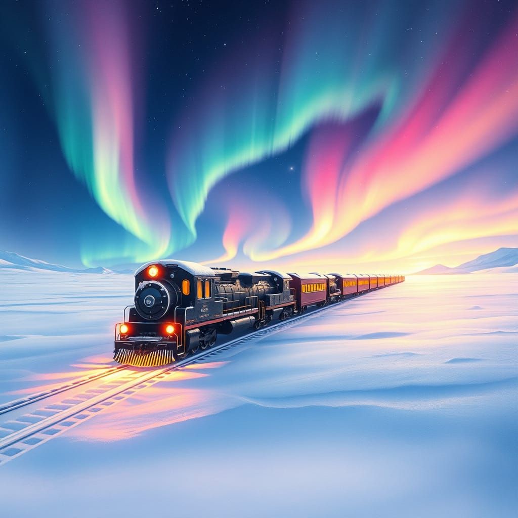 Snowy Train Under Aurora Borealis in Concept Art Style