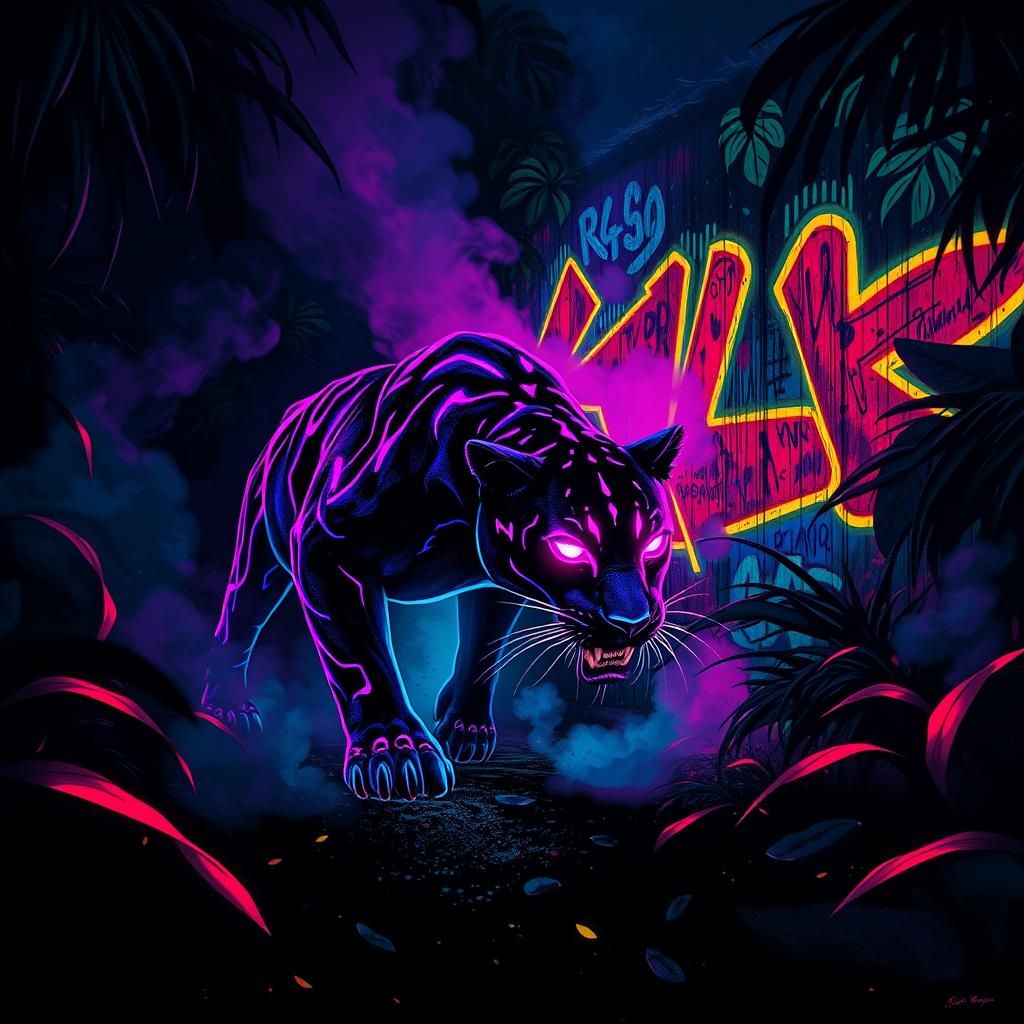 Neon Panther in Jungle Clearing with Graffiti Art