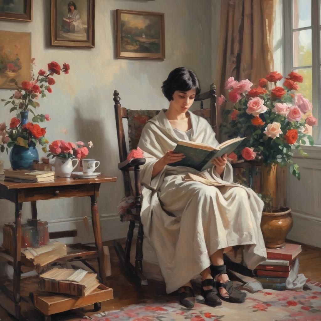 Cozy Girl in Rocking Chair: Impressionism Painting