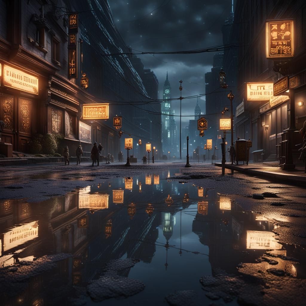 Dramatic Cityscape at Night in Dark Fantasy Style