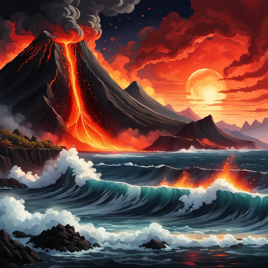 Volcanic Eruption at Night: A Romantic Painting