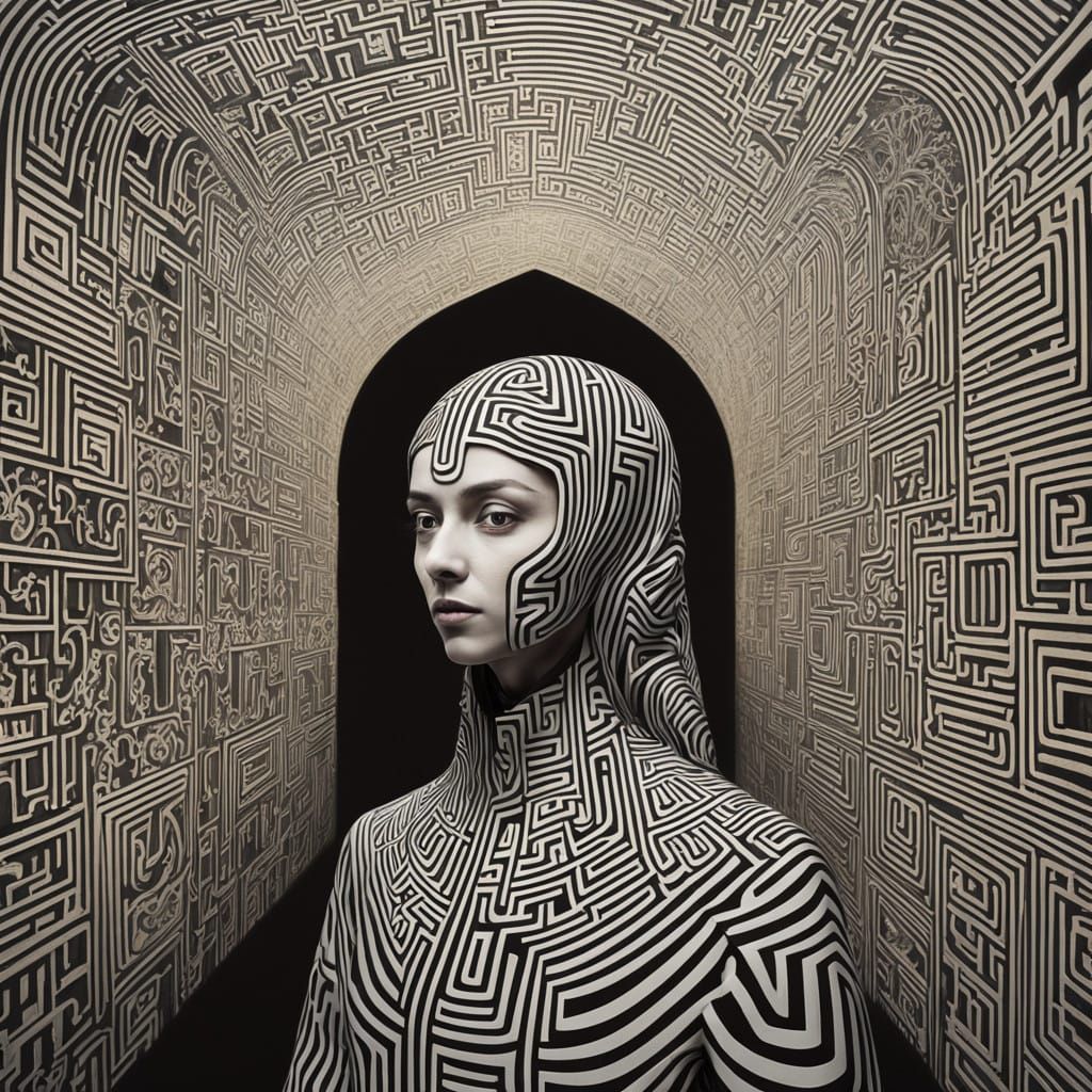 Veiled Figure Lost in Labyrinthine Architecture