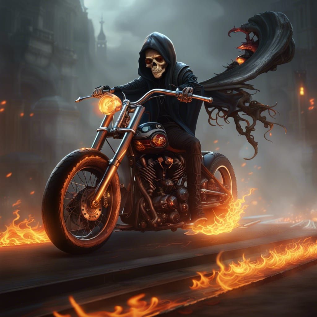 Grim Reaper on Skeletal Motorcycle in Dark Fantasy Style