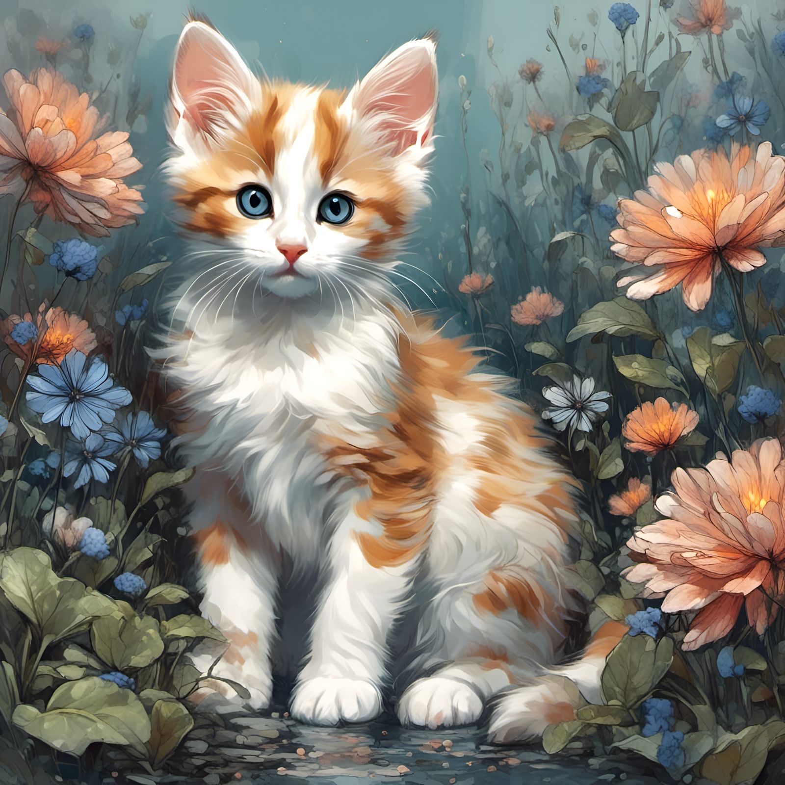 Calico Kitten in Bioluminescent Flower Patch Sketch