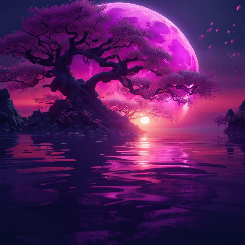 Sakura Forest Sunset with Purple Moon