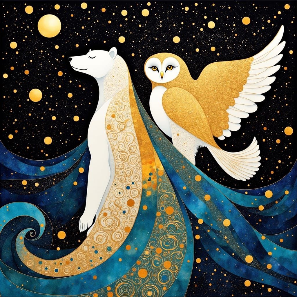 Gilded Polar Bear and Owl on Cosmic Tundra