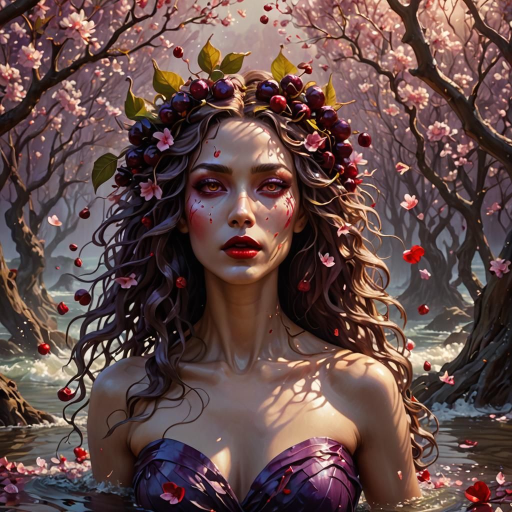 Dryad Emerges from Cherry Petal Ocean: Surreal Fantasy Art