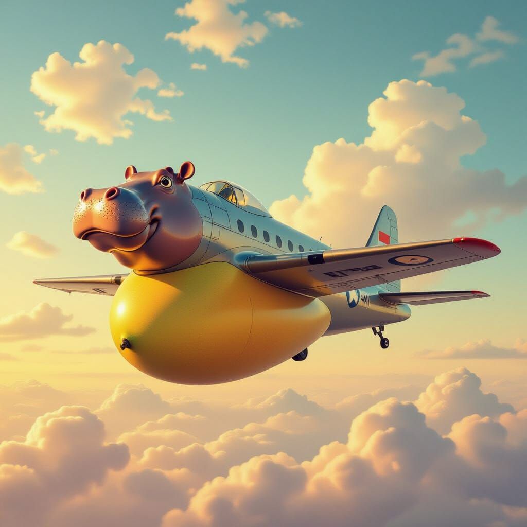 Whimsical Hippo-Mango Bomber Plane Soars Through Sky