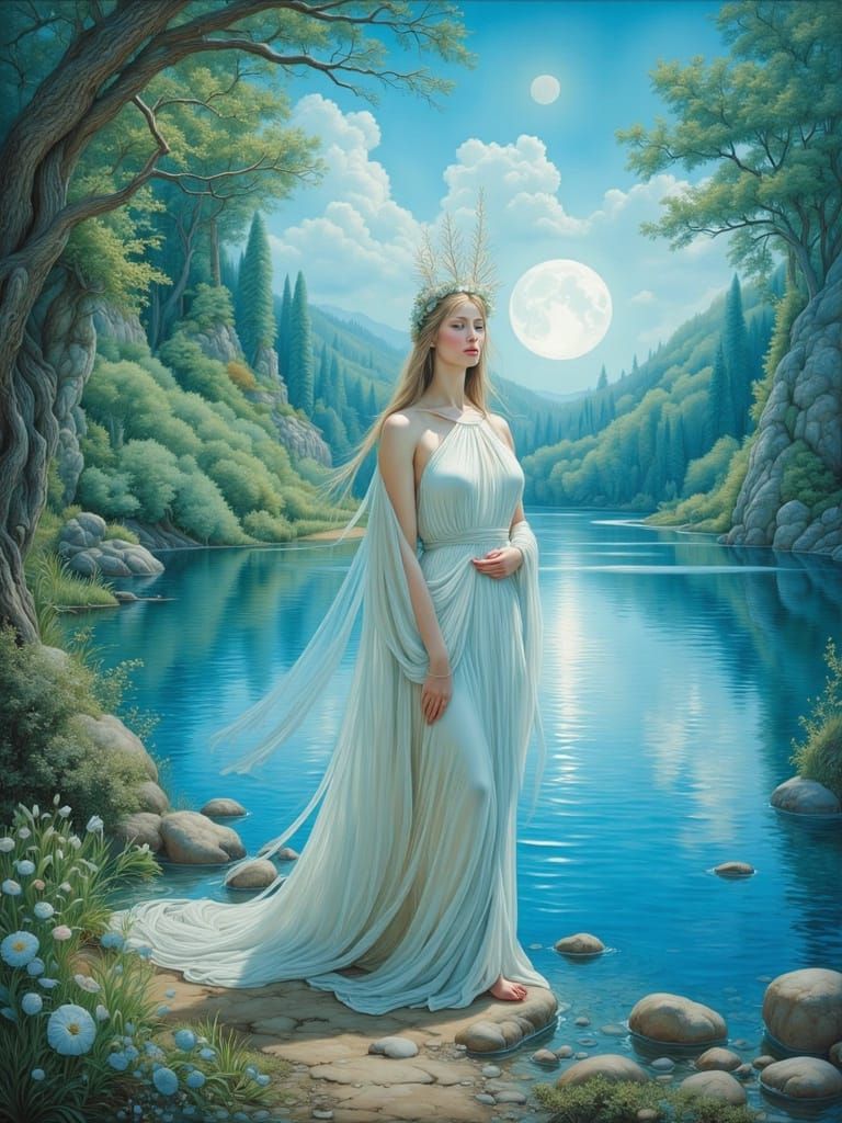 Mystical Woman by Serene Blue Lake in Airbrushed Style
