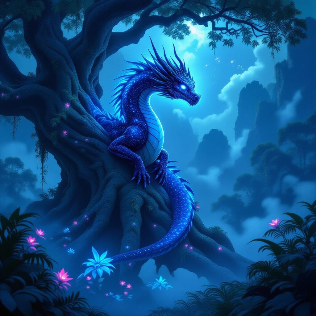 Bioluminescent Dragon in Alien Jungle, Digital Painting