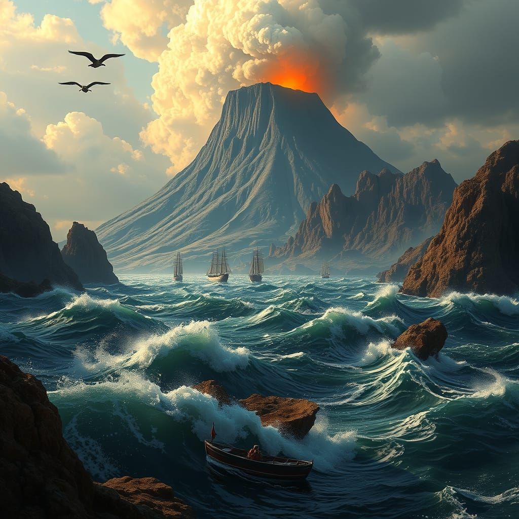 Volcano Erupts from Ocean in Romantic Style