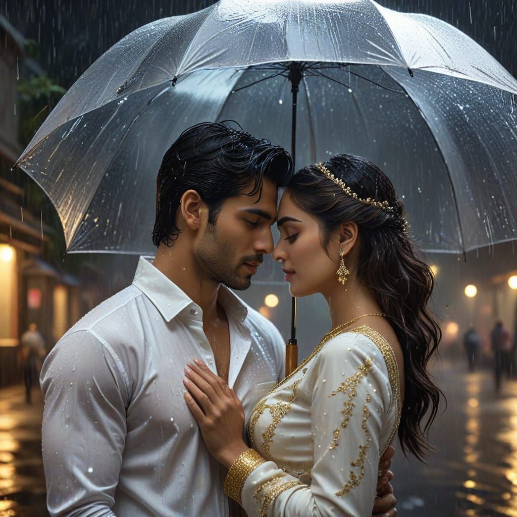 Romantic Indian Couple in Rainy Night Scene