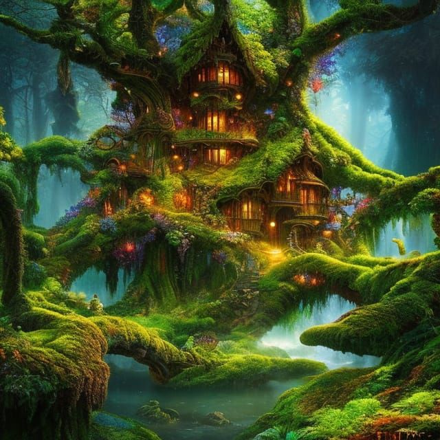 Enchanted Fairy Village in Mossy Tree