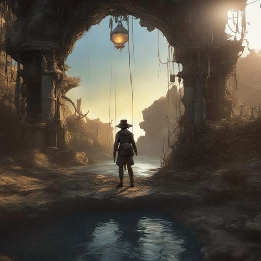 Adventurer Exploring a Well, Dark Fantasy Artwork