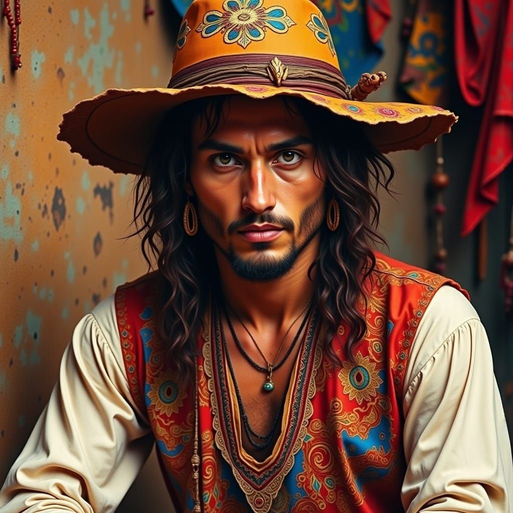 Mystical Gypsy Man Portrait in Expressive Style