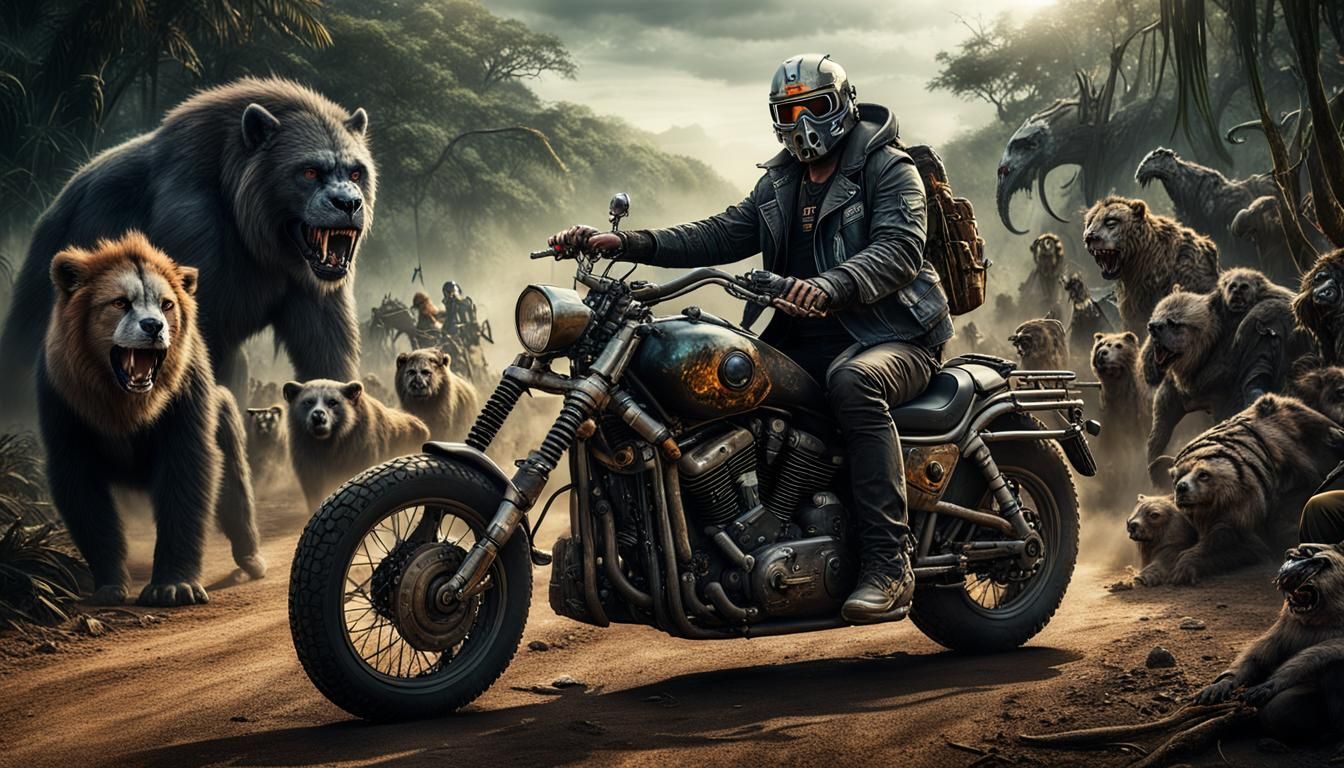 Mad Max Villain on Motorcycle, Jungle Punk Style