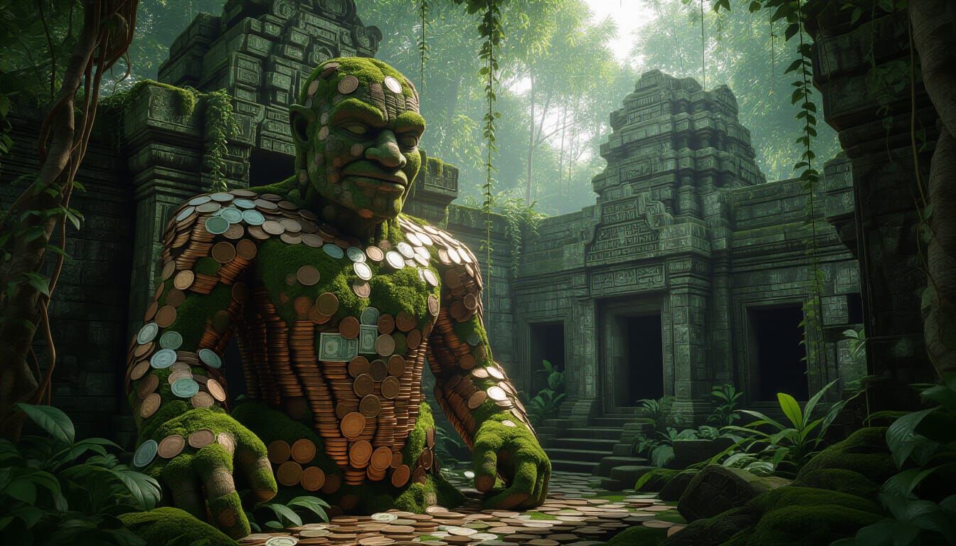 Mossy Coin Golem Guards Jungle Temple in Hyperrealistic Styl...