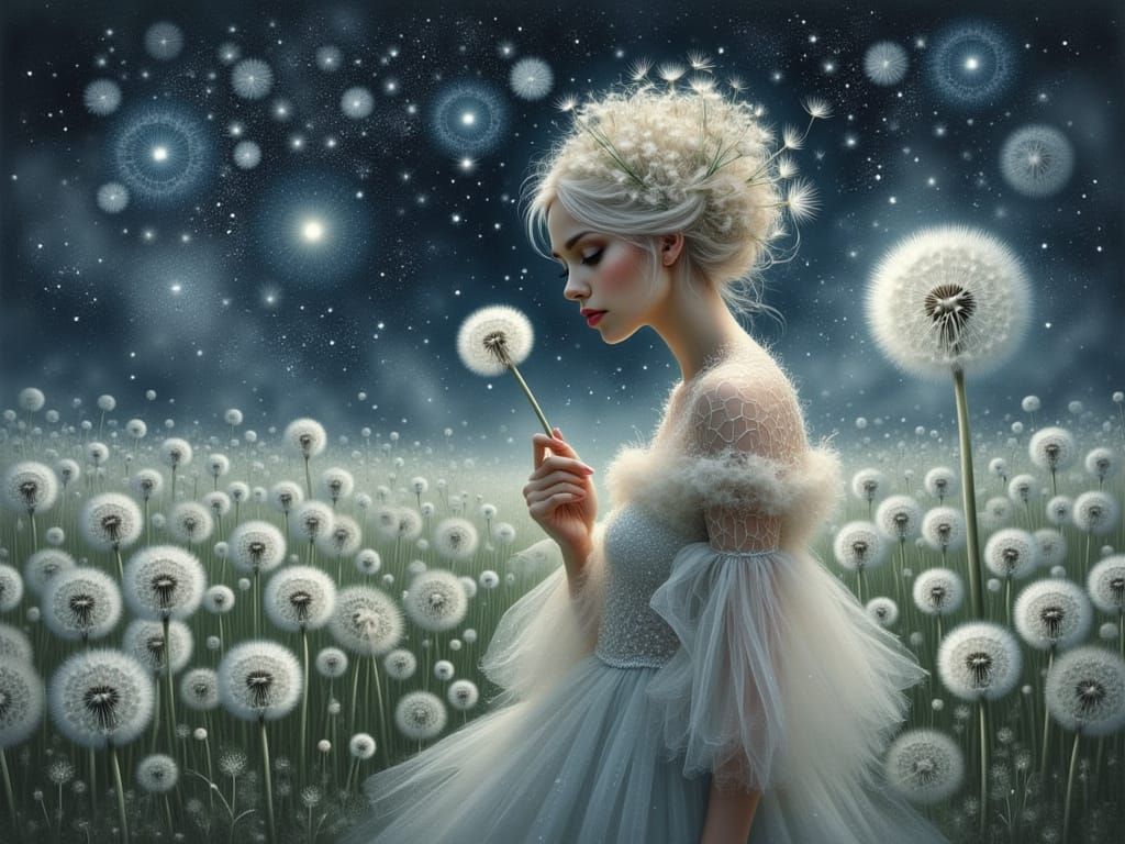 Ethereal Galaxy Woman in Dandelion Field