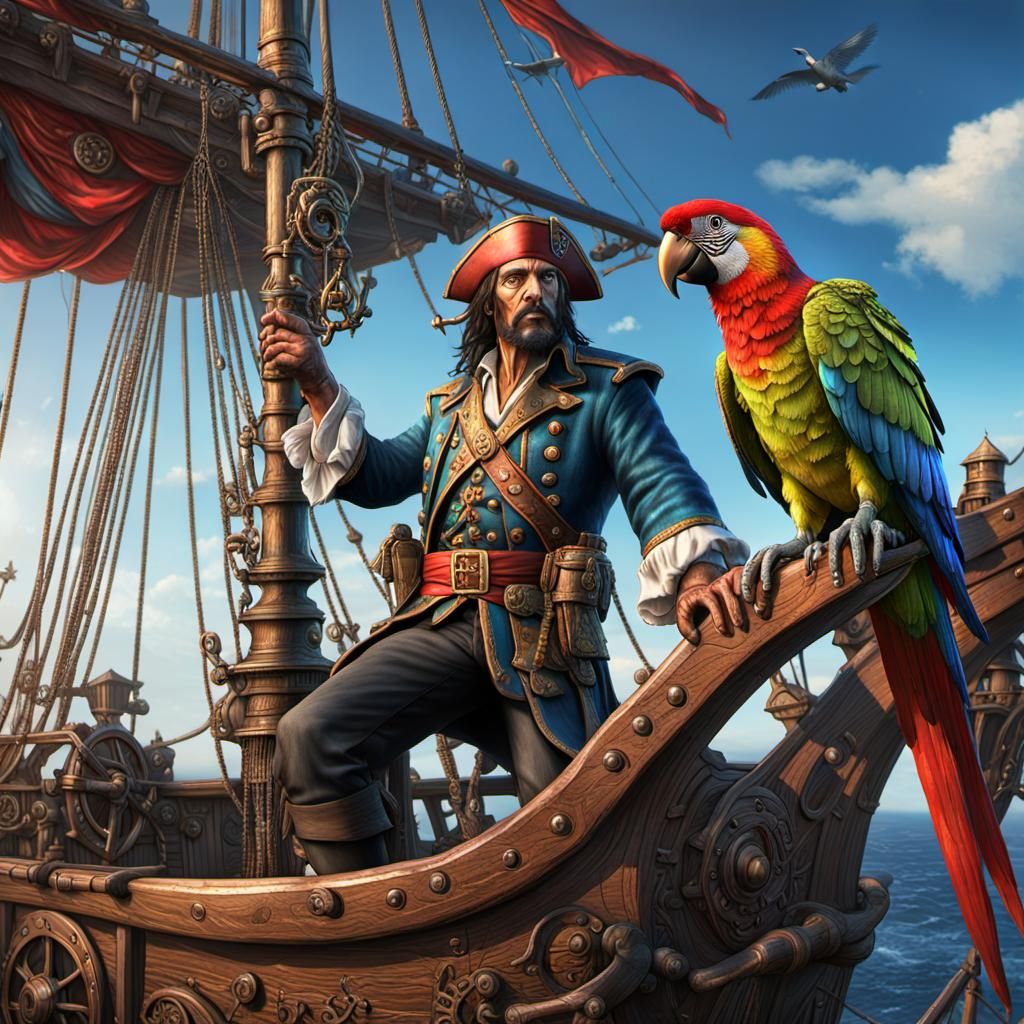 Pirate Captain and Parrot on Ship in Dark Fantasy Style