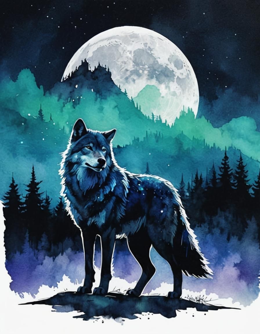 Double Exposure Wolf Howling Under Aurora Borealis