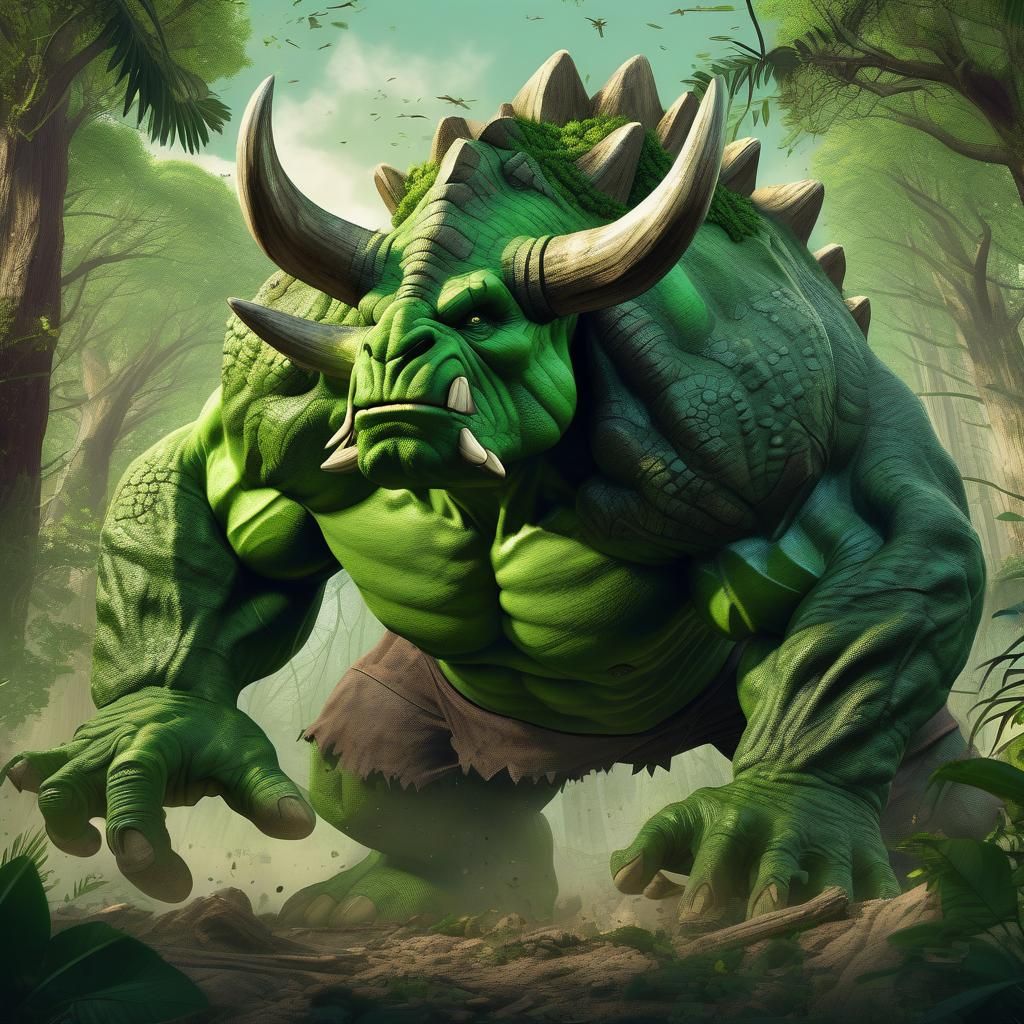 Hulk as a Muscular Triceratops in Jungle Scene