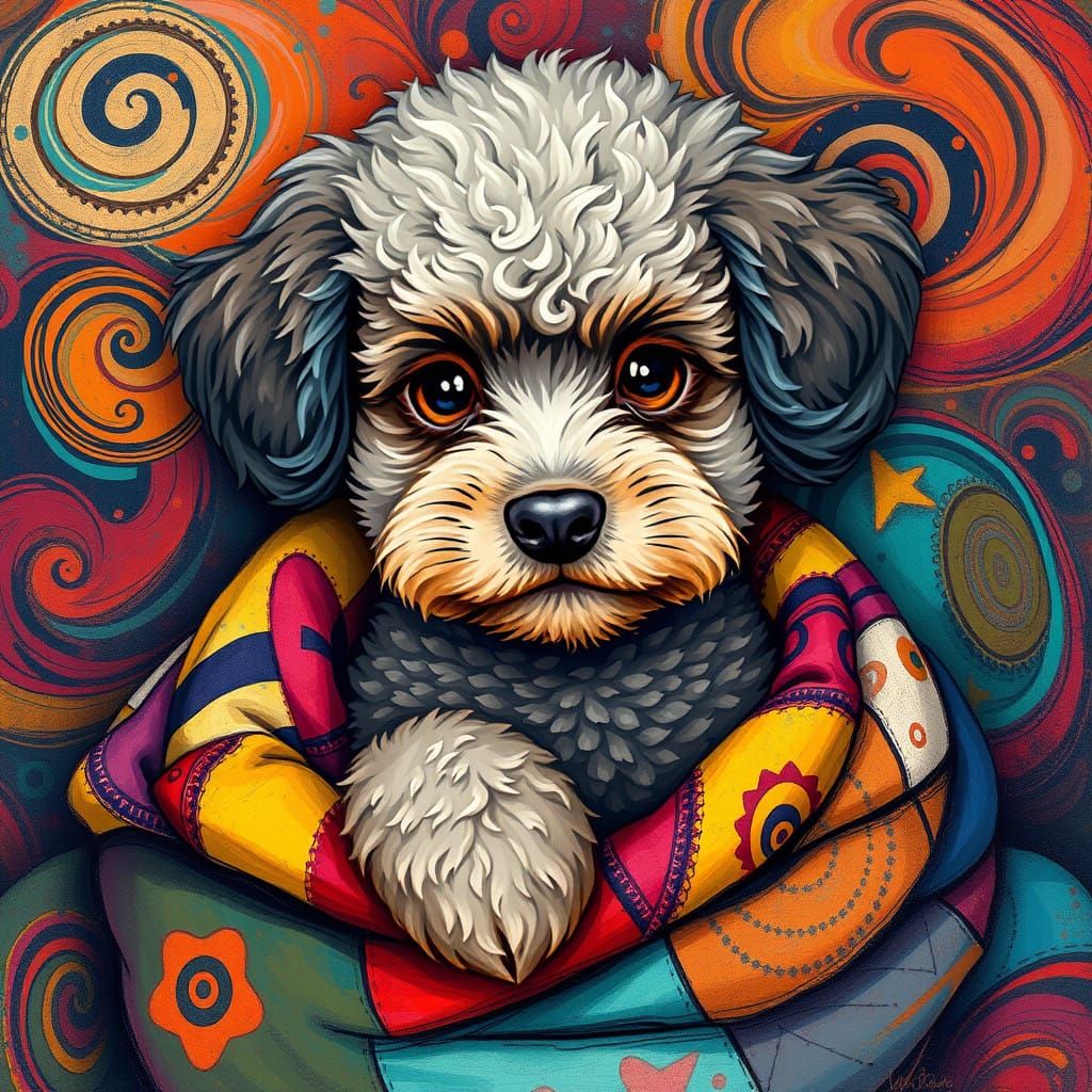 Whimsical Poodle Puppy Snuggled in Vibrant Patchwork Blanket