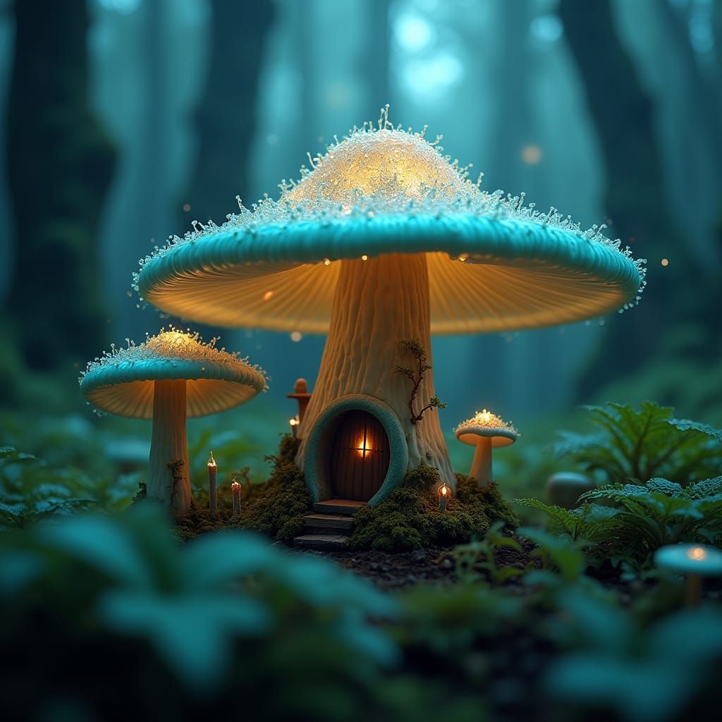 Surreal, Mystical Forest Scene with Glowing Mushroom House a...