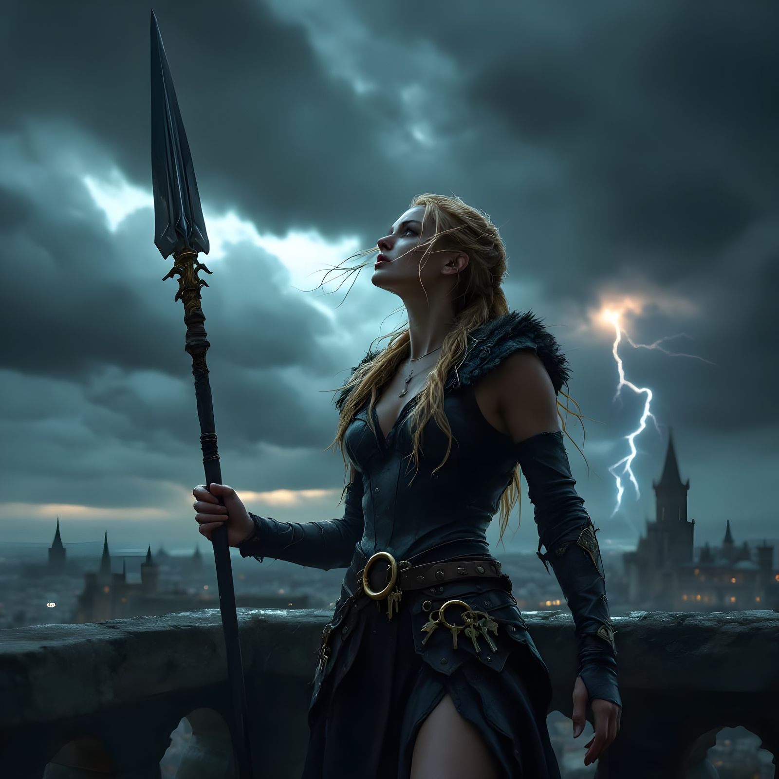 Norse Goddess Defiantly Holds Spear Under Stormy Sky
