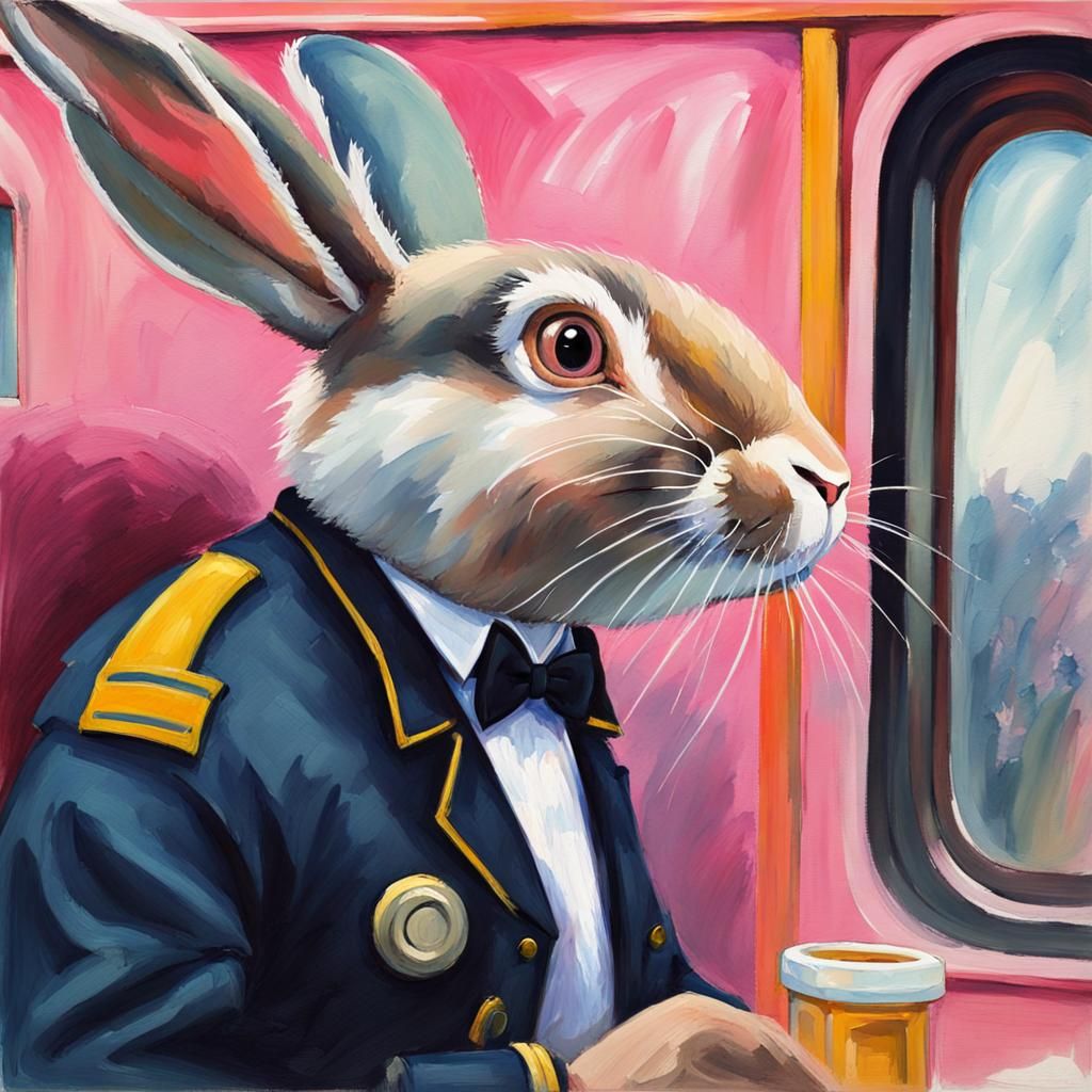 Bunny Train Conductor in Gouache Style