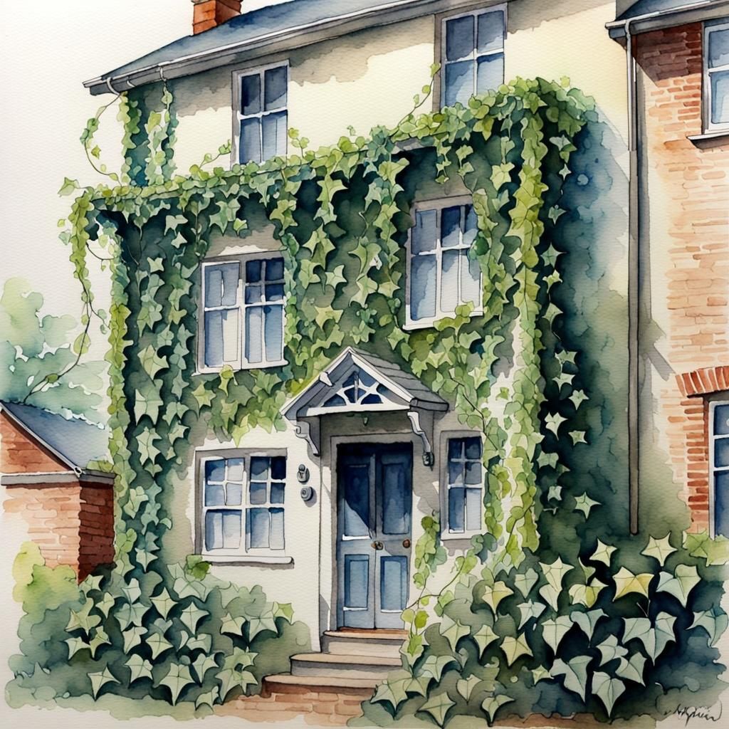 House Covered in Ivy: Watercolor Painting