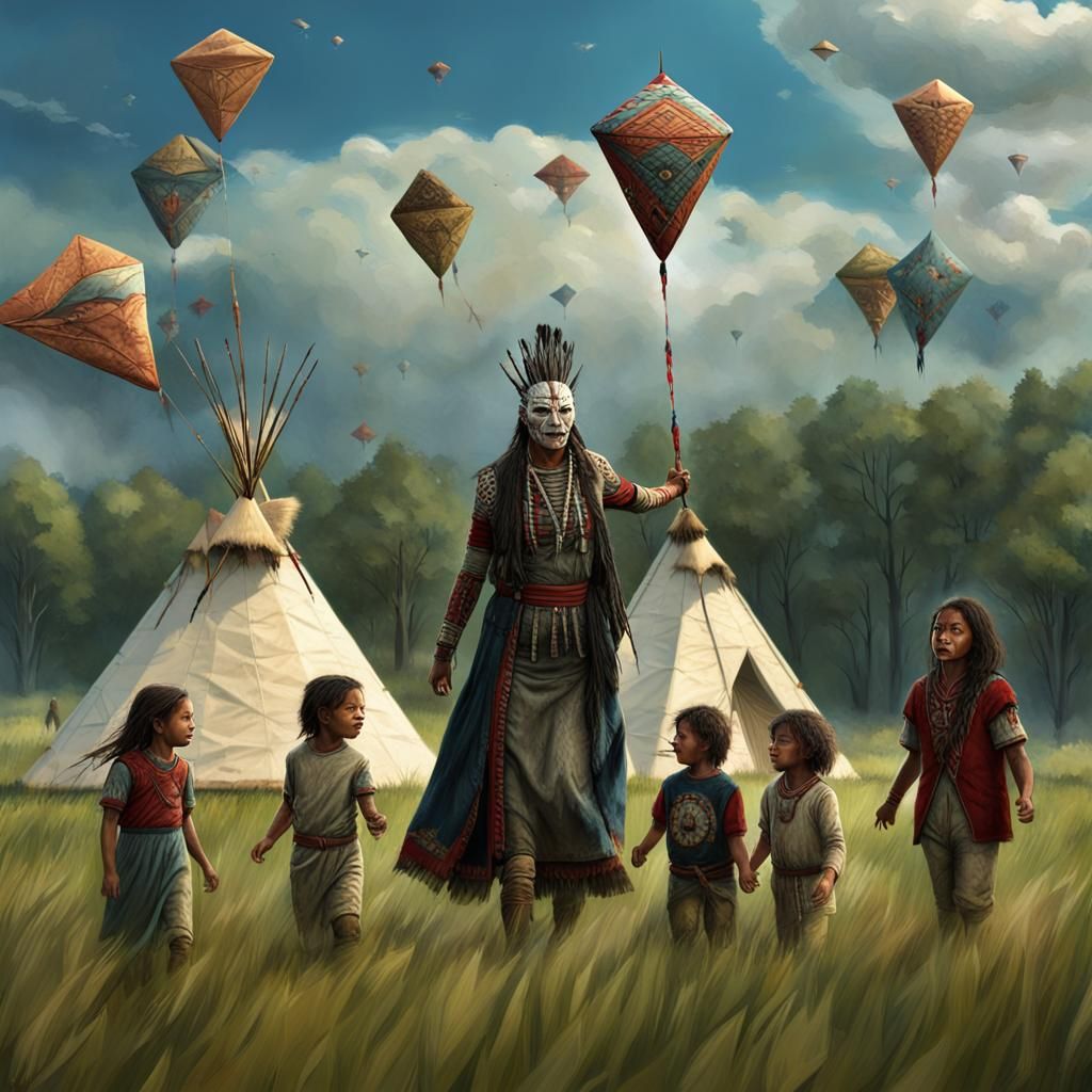 Native American Pinhead Flies Kite: Dark Fantasy Art