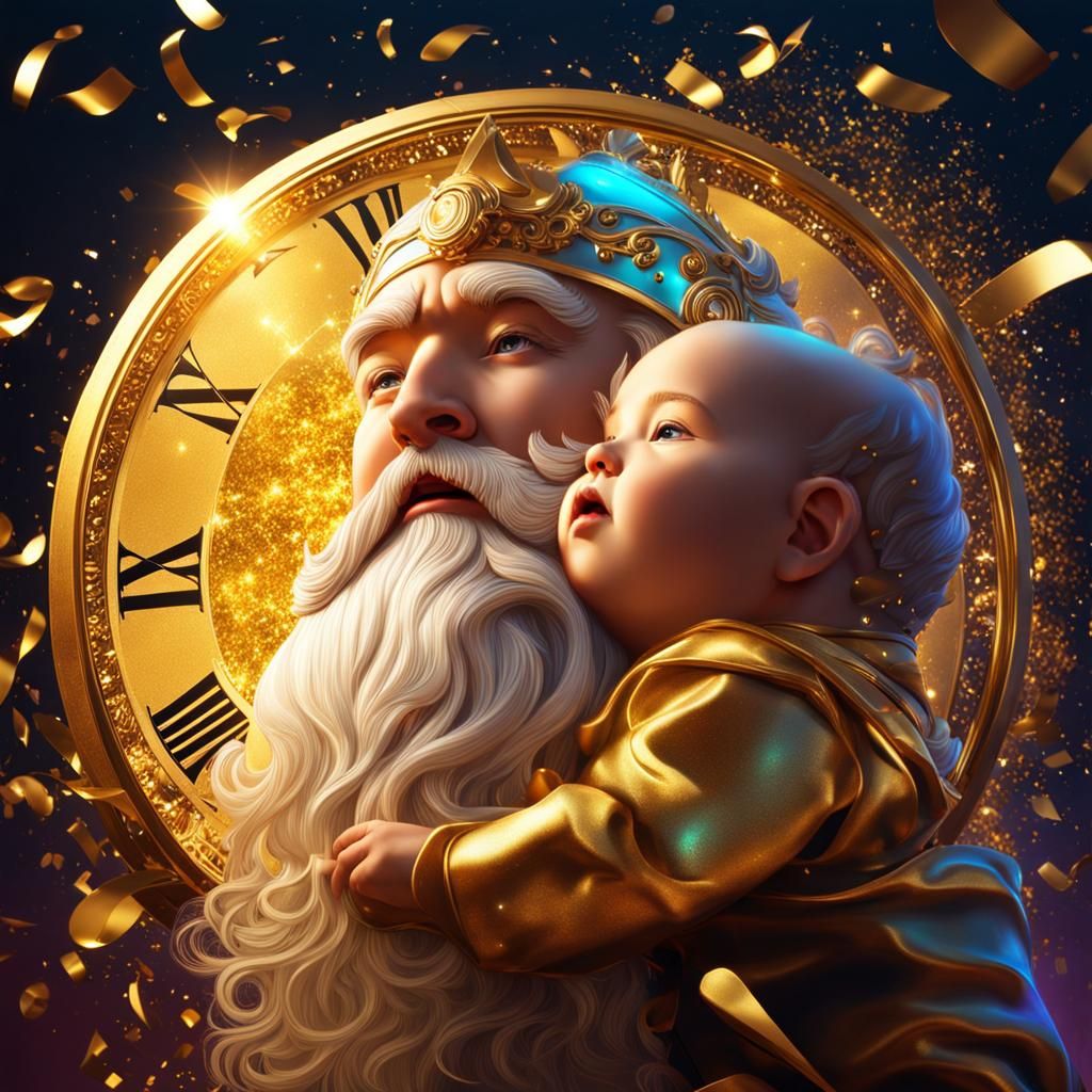 Father Time and Baby New Year Counting Down the Minutes 2024
