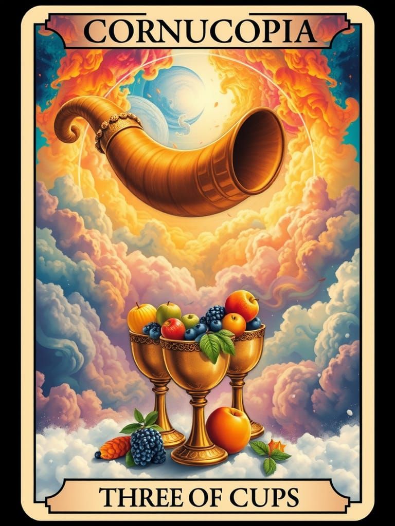 Ethereal Tarot Scene with Cornucopia and Celestial Horn