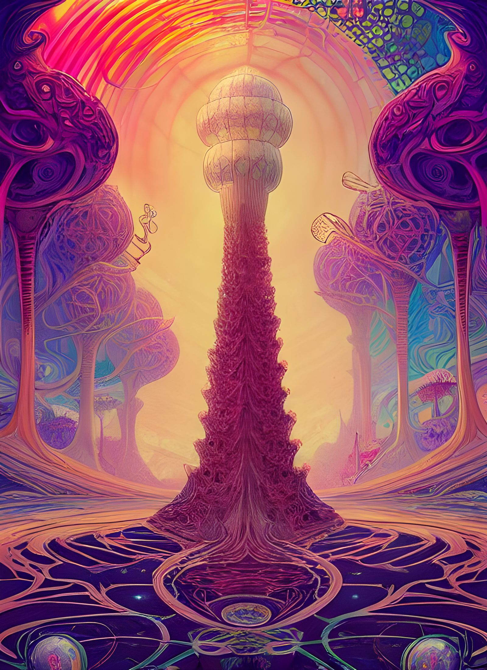 Psychedelic Skatepark in Synthwave Mushroom Pagoda Utopia
